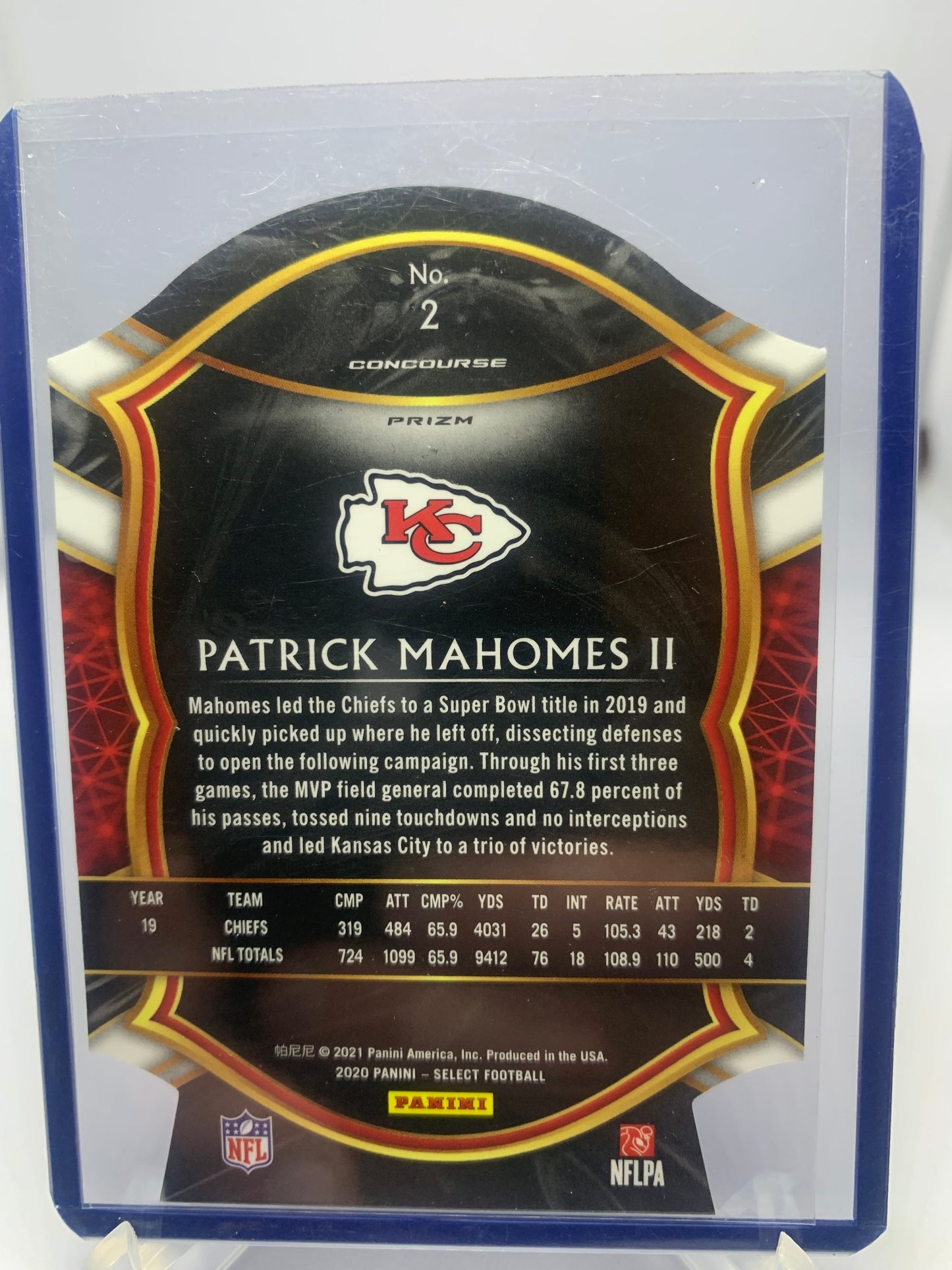.2020 Panini Select Football - Patrick Mahomes II - ‘Concourse Red’ Die Cut Prizm