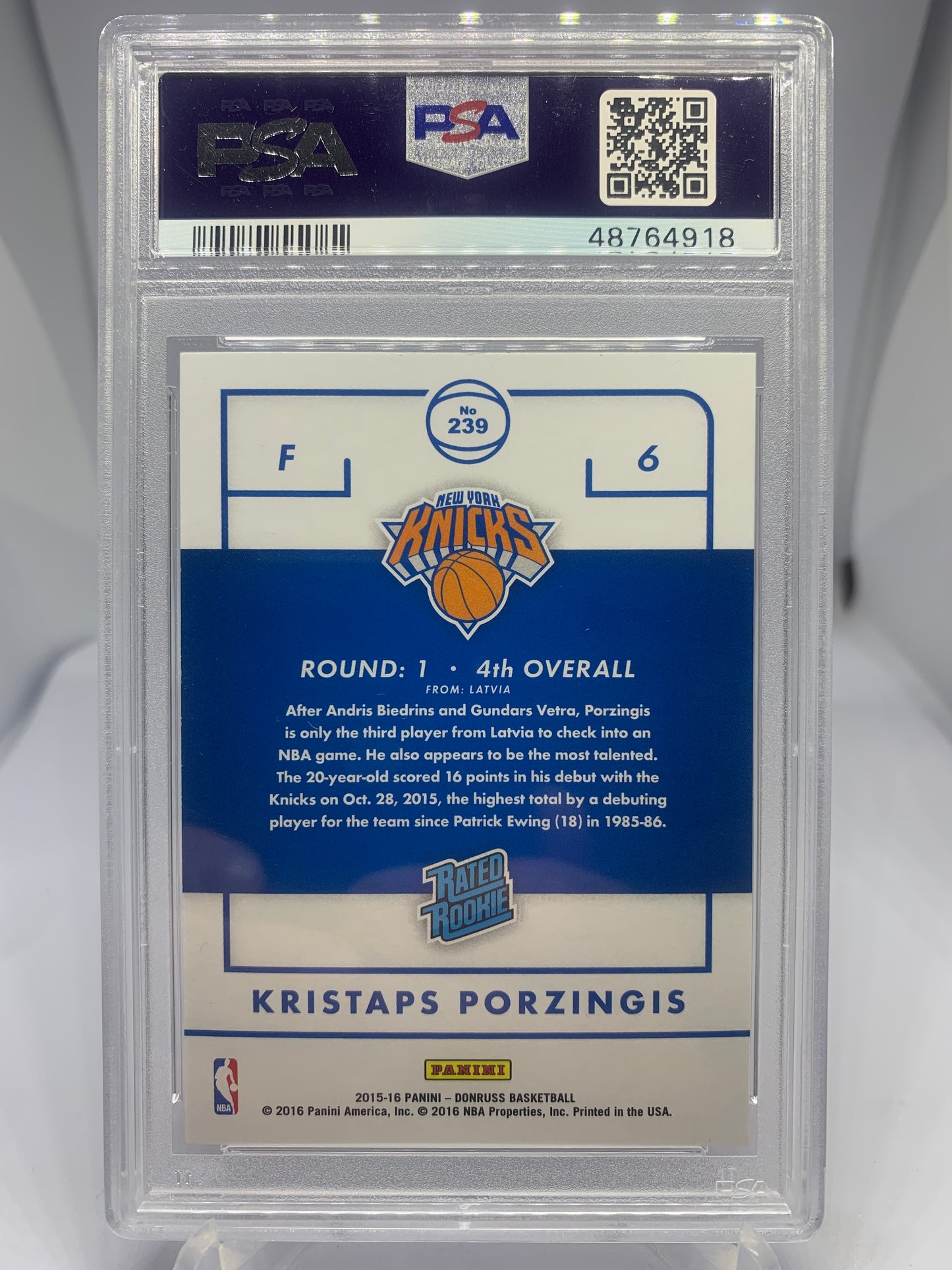 2015-16 Panini Donruss Basketball - Kristaps Porzingis ‘Rated Rookie’ PSA 9
