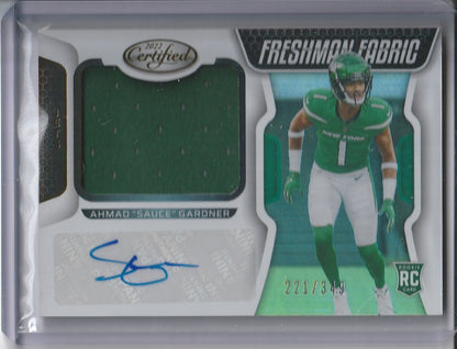 2022 Panini Certified Football - Ahmad Sauce Gardner 'Freshman Fabrics' Rookie Patch Auto RC /349