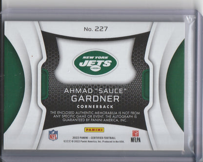 2022 Panini Certified Football - Ahmad Sauce Gardner 'Freshman Fabrics' Rookie Patch Auto RC /349