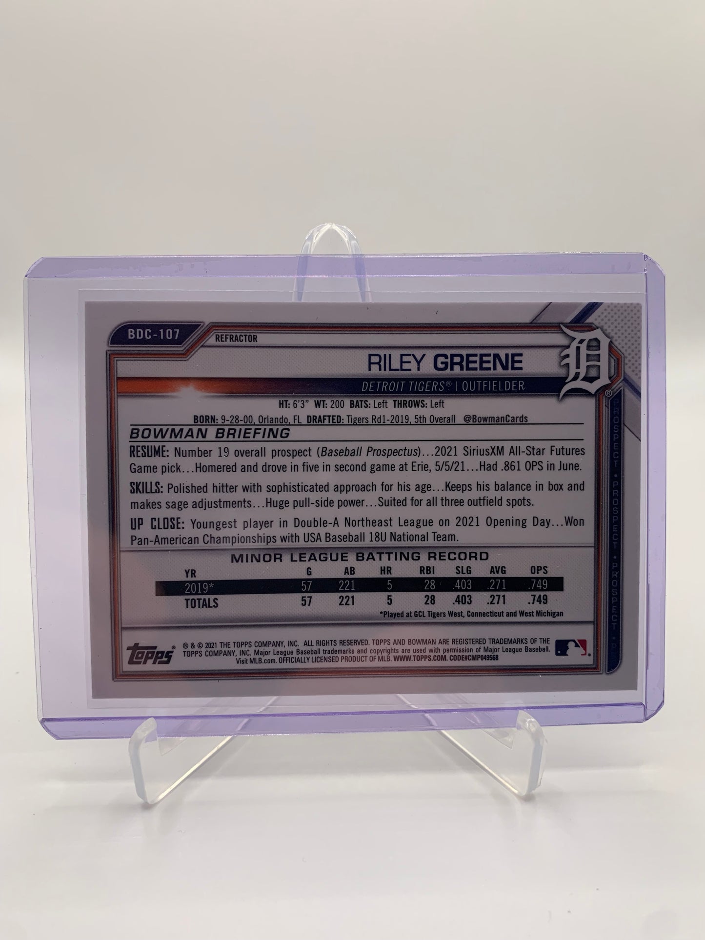 2021 Bowman Chrome Draft - Riley Greene ‘Refractor’