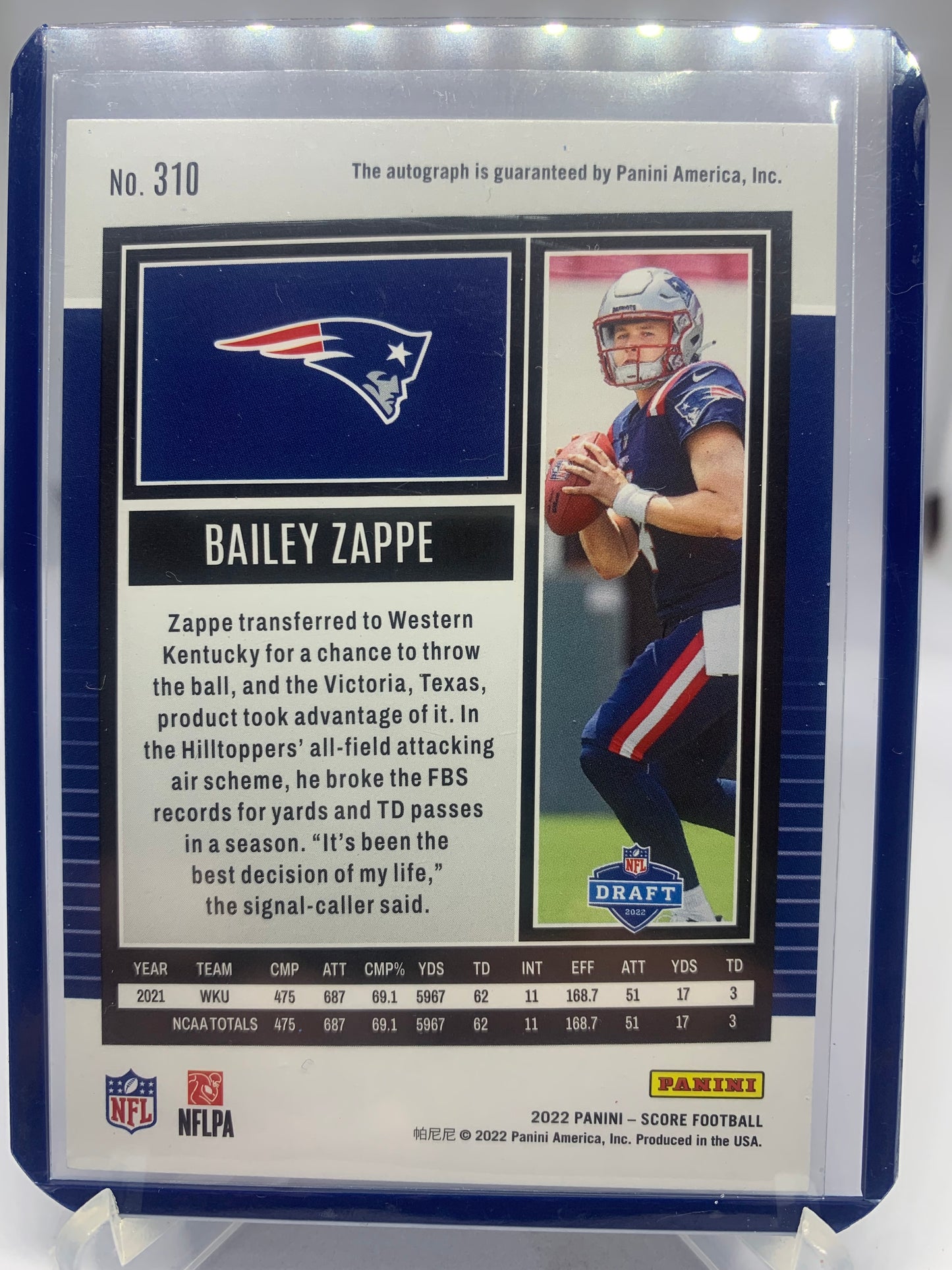 2022 Panini Score Football - Bailey Zappe ‘Rookie Autograph’ RC